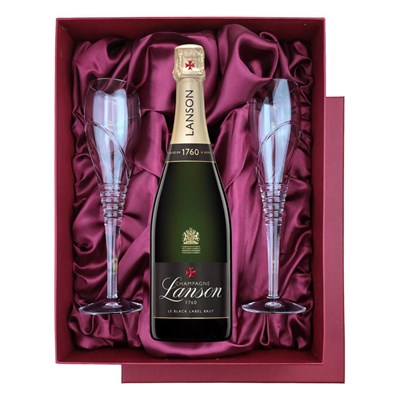 Lanson Le Black Label Brut 75cl Champagne in Red Luxury Presentation Set With Flutes